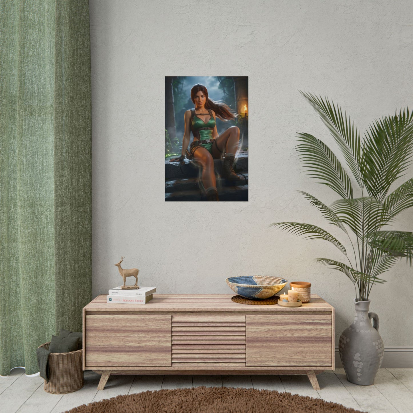 Lara Croft Poster / Lara Croft Wall Art / Lara Croft Art Print / Tomb Raider Poster — cinematic Lara Croft resting among ancient ruins, misty adventure wall art
