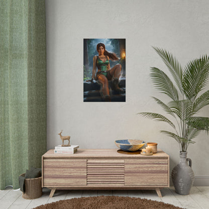 Lara Croft Poster / Lara Croft Wall Art / Lara Croft Art Print / Tomb Raider Poster — cinematic Lara Croft resting among ancient ruins, misty adventure wall art