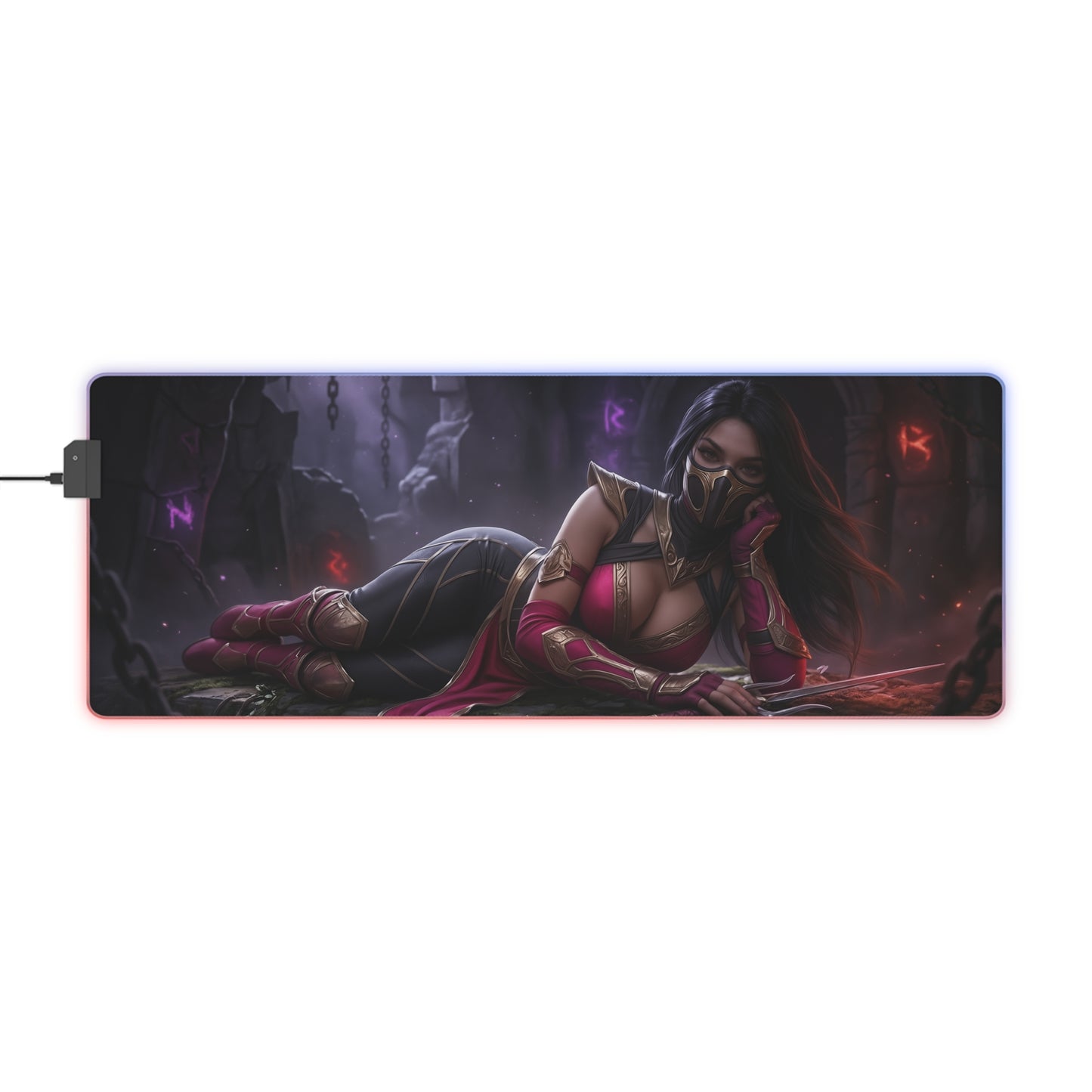 Mileena Desk Mat – LED RGB Pad, Waifu Assassin Anime Girl Setup showing dark assassin waifu on RGB gaming desk mat with smooth precision-cloth surface