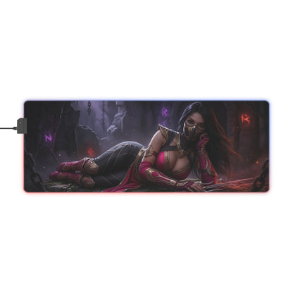 Mileena Desk Mat – LED RGB Pad, Waifu Assassin Anime Girl Setup showing dark assassin waifu on RGB gaming desk mat with smooth precision-cloth surface