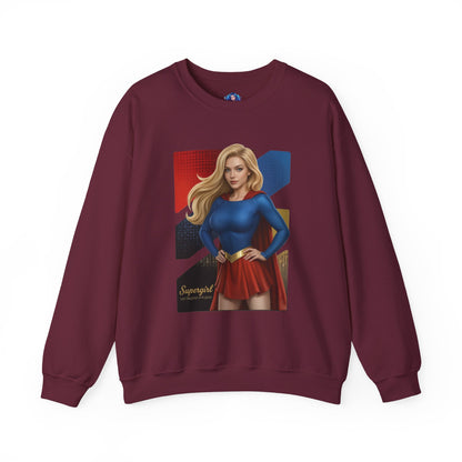 Supergirl Sweatshirt, DC Comics Crewneck, Iconic Superhero Apparel for Fans — burgundy crewneck with classic Supergirl blue top and red skirt illustration