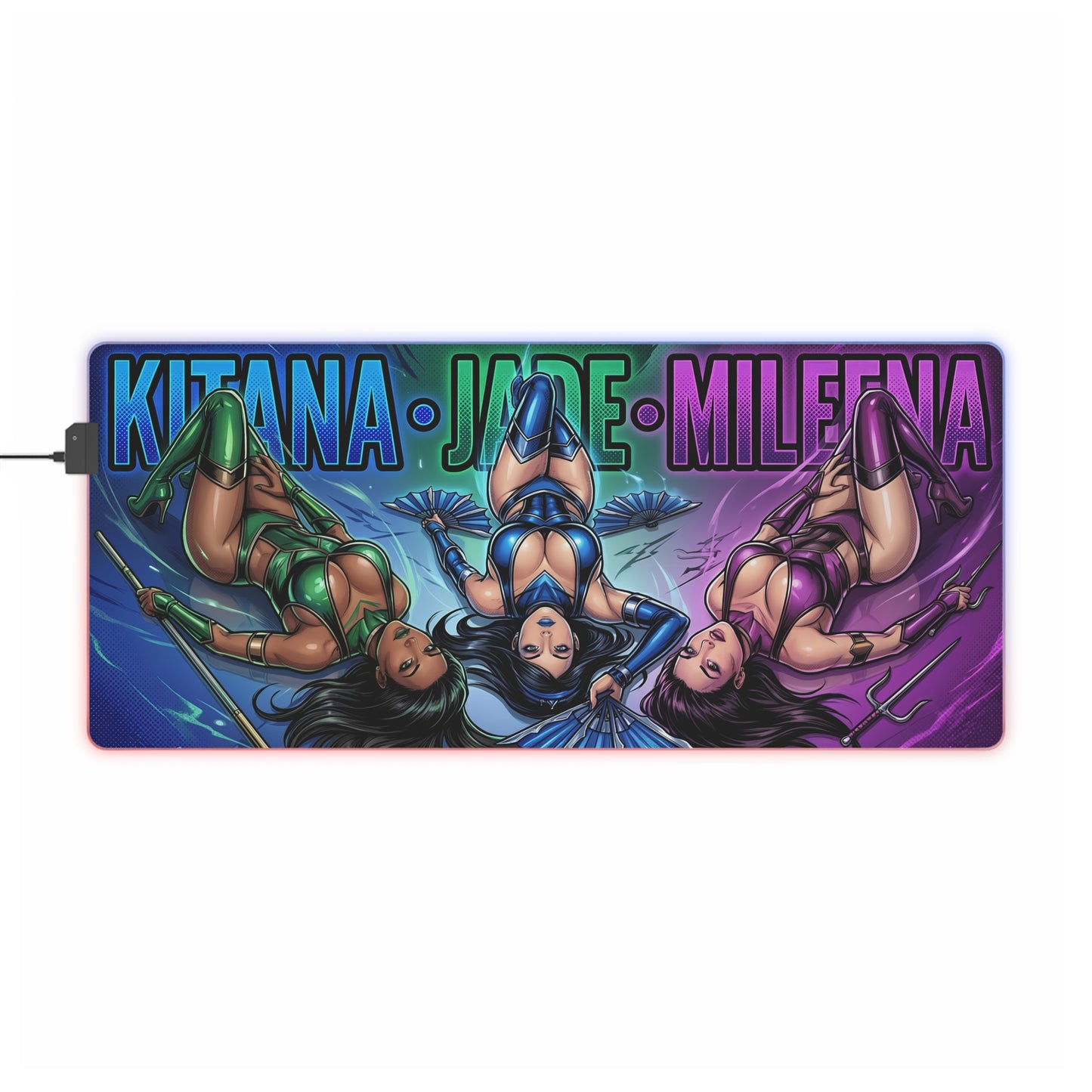 Kitana Jade Mileena RGB Desk Mat, Mortal Kombat Gaming Mouse Pad, LED Desk Mat featuring trio artwork of Kitana Jade and Mileena with RGB glow