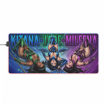 Kitana Jade Mileena RGB Desk Mat, Mortal Kombat Gaming Mouse Pad, LED Desk Mat featuring trio artwork of Kitana Jade and Mileena with RGB glow