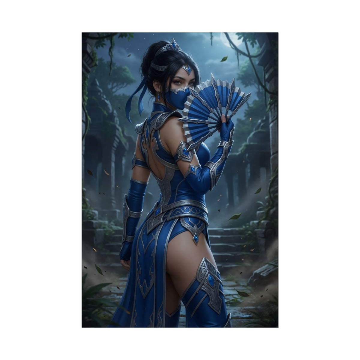 Kitana MK Wall Art  Classic Ninja Princess Poster, Gift for Gamers - blue-clad ninja princess holding fan in detailed high-res gaming poster