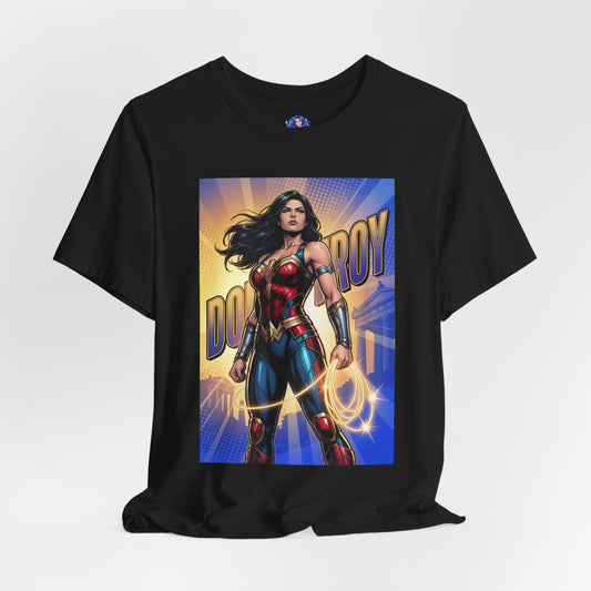 Donna Troy T-Shirt | DC Comics Anime Tee for Gamers & Fans - black Bella Canvas tee with Donna Troy in Amazon armor holding glowing lasso