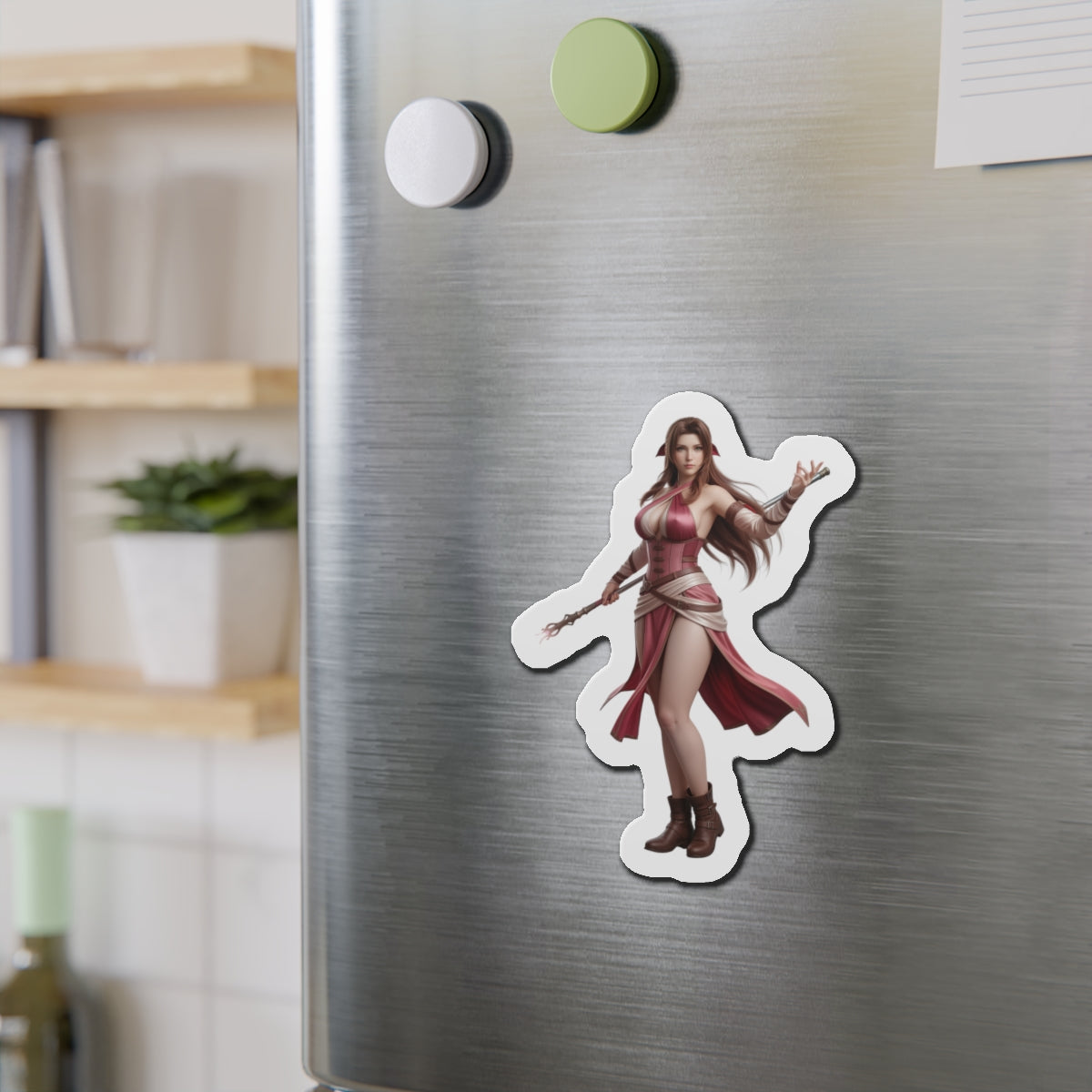 Aerith Magnet – Final Fantasy VII Fridge Magnet, Anime Heroine Decor displayed on stainless fridge as die-cut vinyl magnet for fans