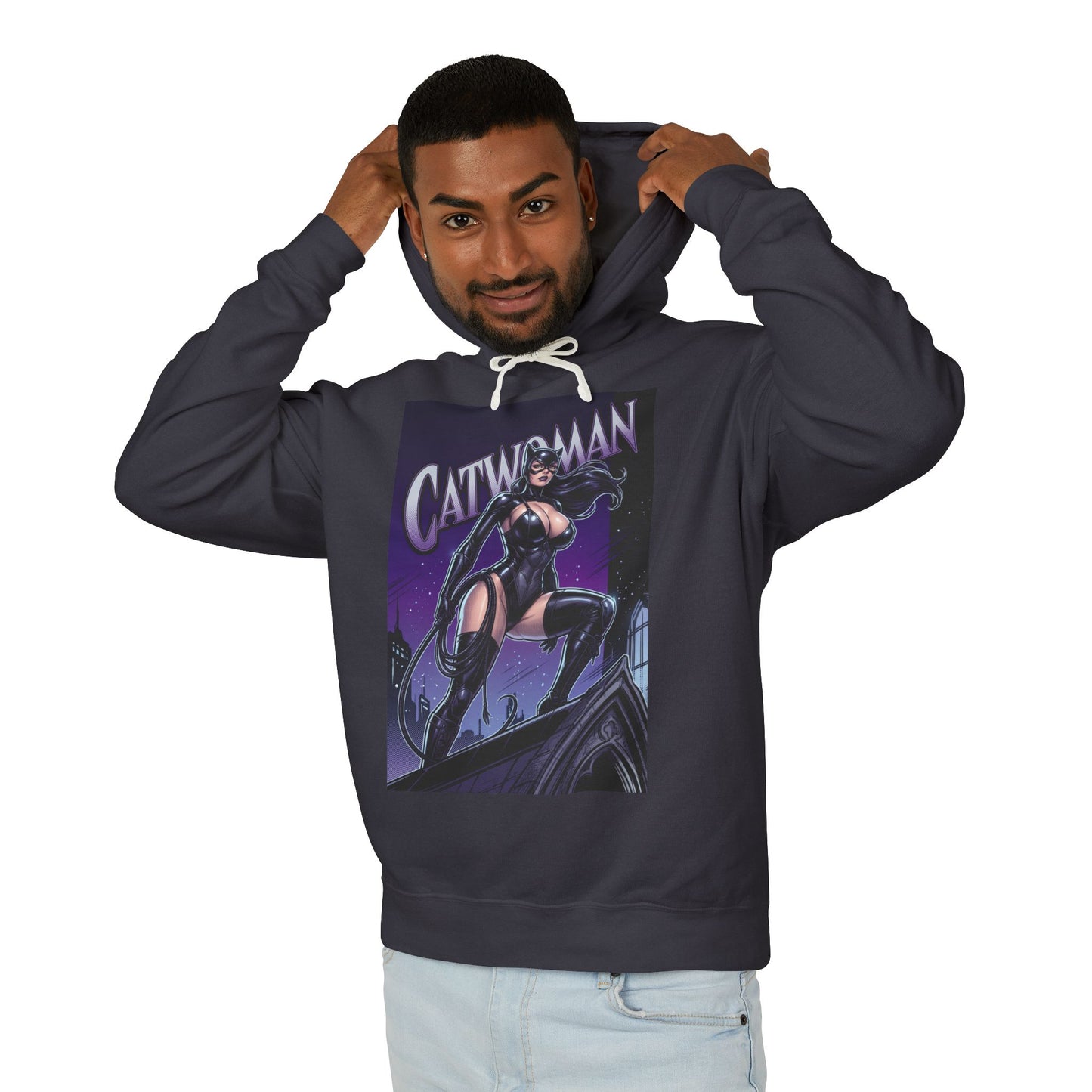 Catwoman Hoodie | DC Anti-Hero Hoodie | Gotham Thief Pullover - dark charcoal hoodie with graphic Catwoman pose on rooftop, soft ring-spun cotton