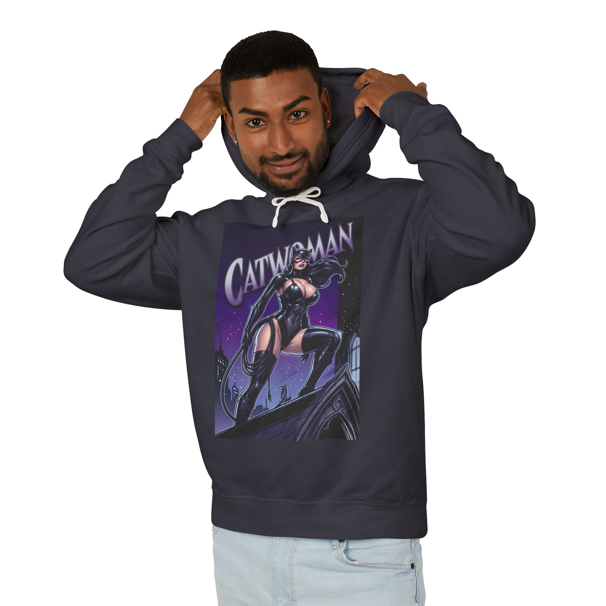 Catwoman Hoodie | DC Anti-Hero Hoodie | Gotham Thief Pullover - dark charcoal hoodie with graphic Catwoman pose on rooftop, soft ring-spun cotton