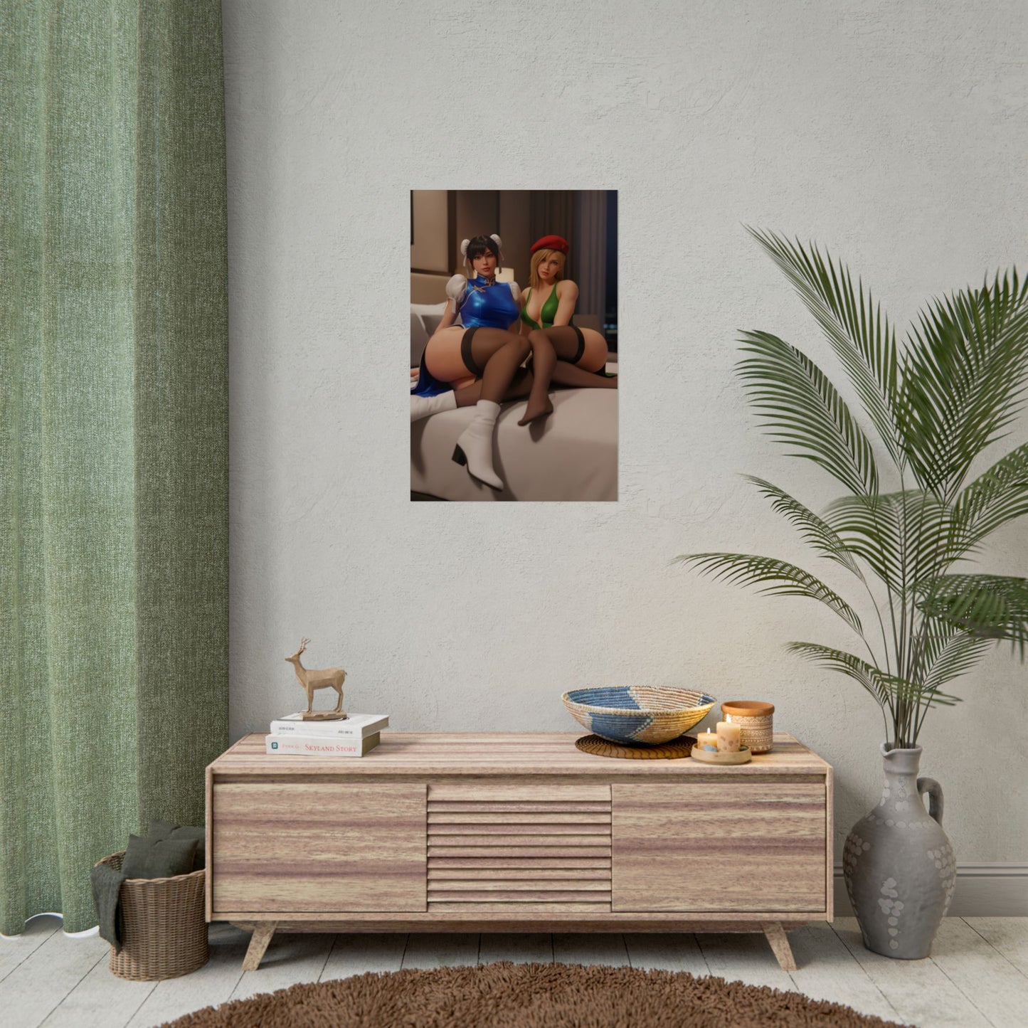 Chun-Li and Cammy White Poster, Street Fighter Art Print – Fighter Duo Gift displayed as gamer room wall art above console