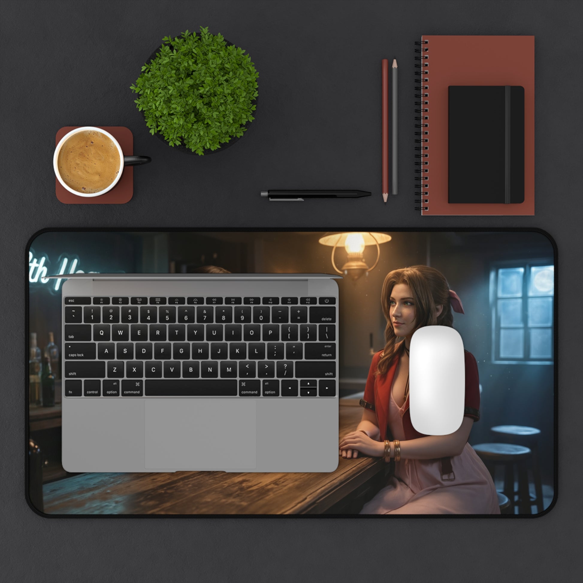 Tifa and Aerith Gaming Mouse Pad, Final Fantasy Desk Mat, RPG Heroine Setup showing Tifa artwork on a large gaming desk mat with laptop and mouse