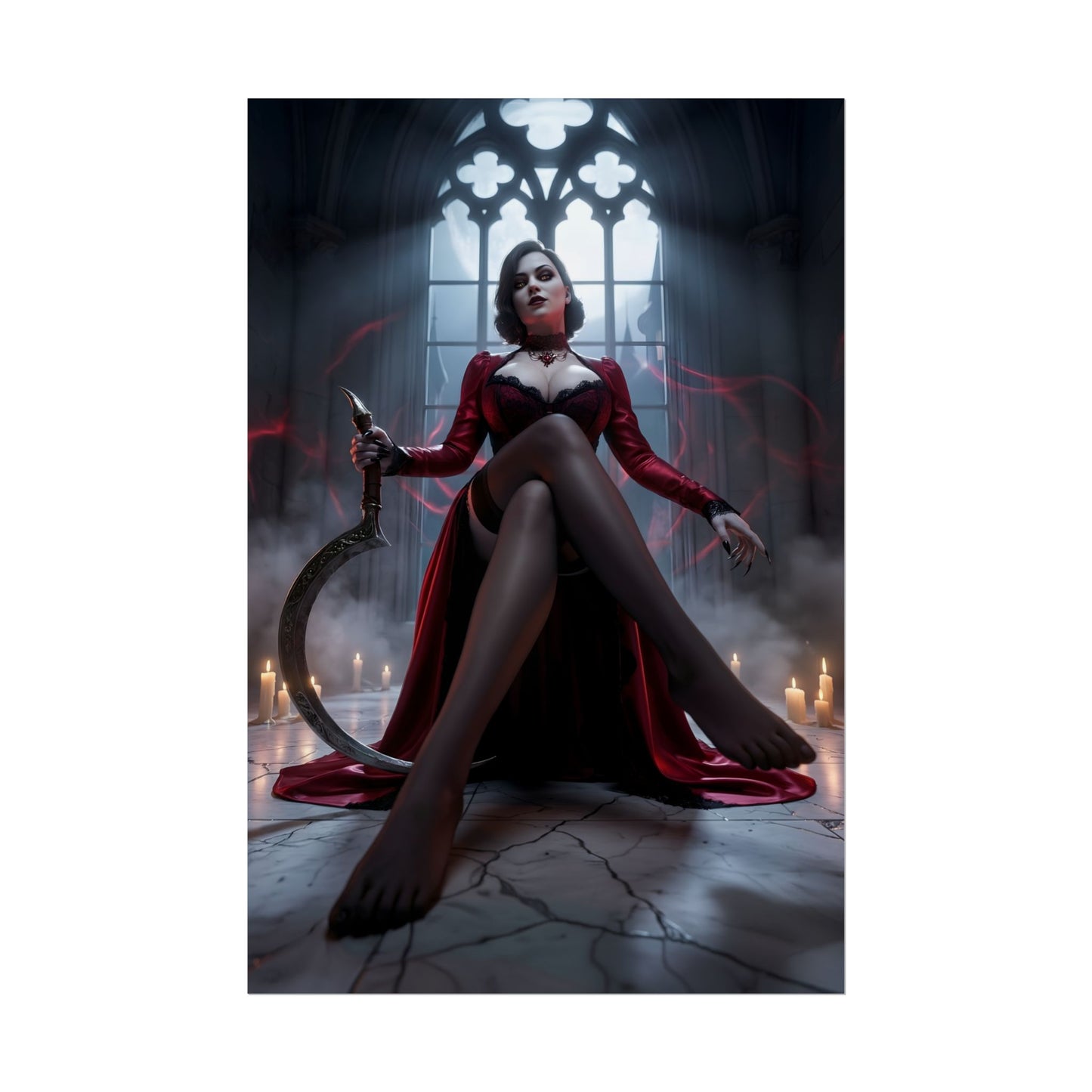 Lady Dimitrescu Poster / Lady Dimitrescu Wall Art / Lady Dimitrescu Art Print / Resident Evil Village Poster - gothic candlelit portrait of towering villainess seated in crimson gown