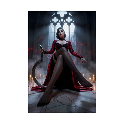 Lady Dimitrescu Poster / Lady Dimitrescu Wall Art / Lady Dimitrescu Art Print / Resident Evil Village Poster - gothic candlelit portrait of towering villainess seated in crimson gown