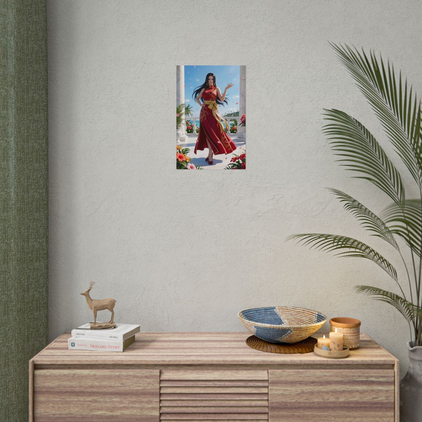 Alt Tag: Boa Hancock Poster, One Piece Wall Art Print – Anime Collector Decor hanging above a minimalist console in a living room