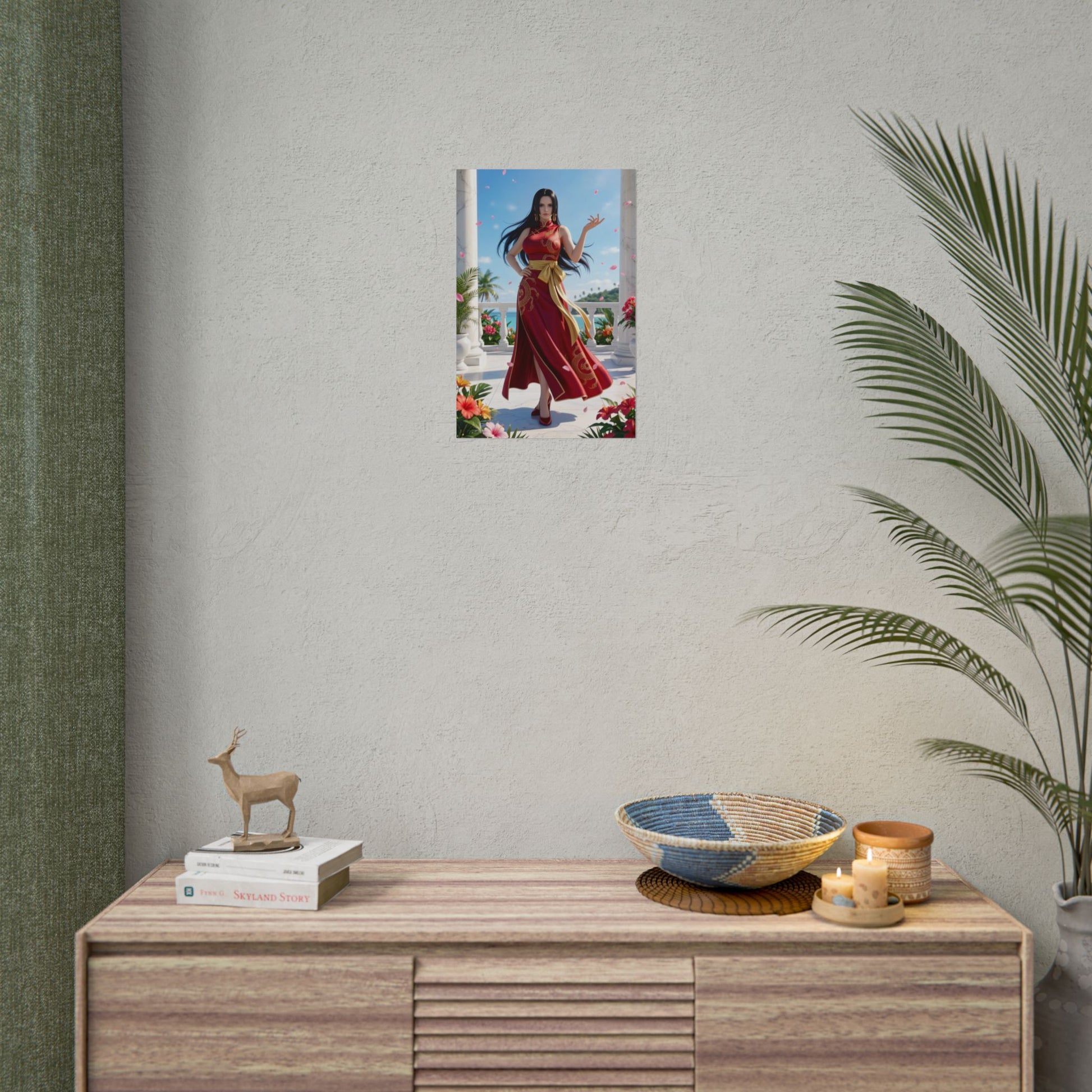 Alt Tag: Boa Hancock Poster, One Piece Wall Art Print – Anime Collector Decor hanging above a minimalist console in a living room