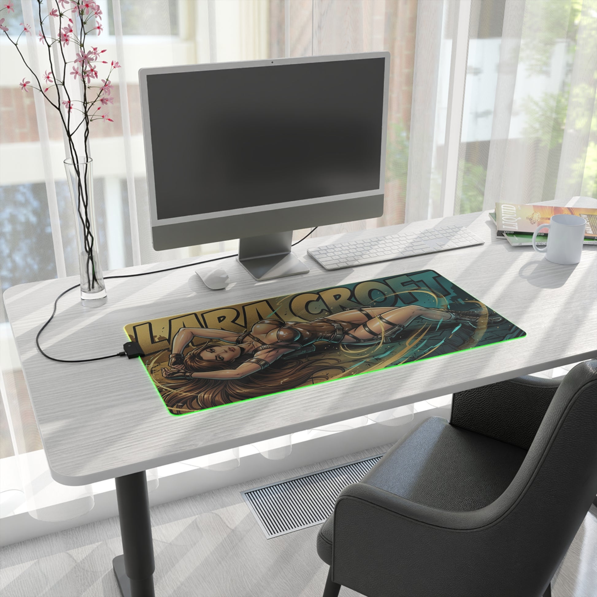 Lara Croft RGB Desk Mat, Adventure Game Gaming Mouse Pad, LED Desk Mat for Gamer Setup on modern white desk with desktop monitor and keyboard