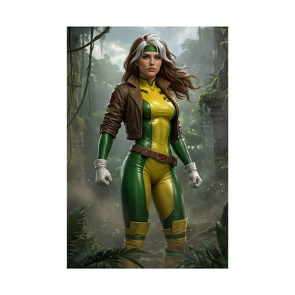 Rogue X-Men Poster – Iconic Mutant Heroine Wall Art for Gamer Decor featuring Rogue in green yellow suit and brown jacket