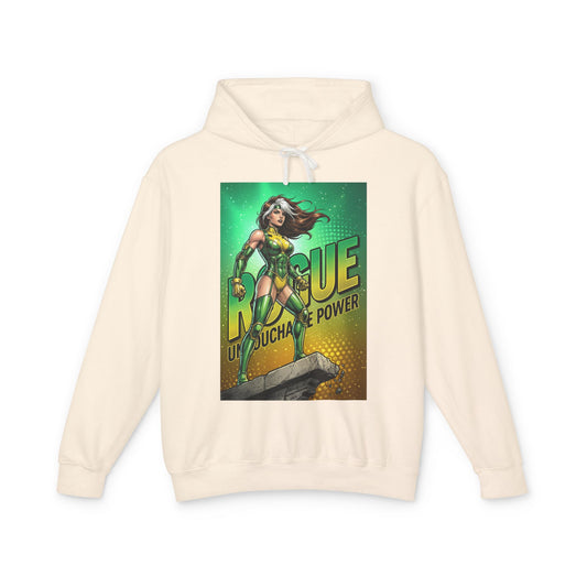 Rogue Hoodie | Marvel Superhero Hoodie | Power Absorber Pullover featuring illustrated Rogue graphic on cream cotton pullover