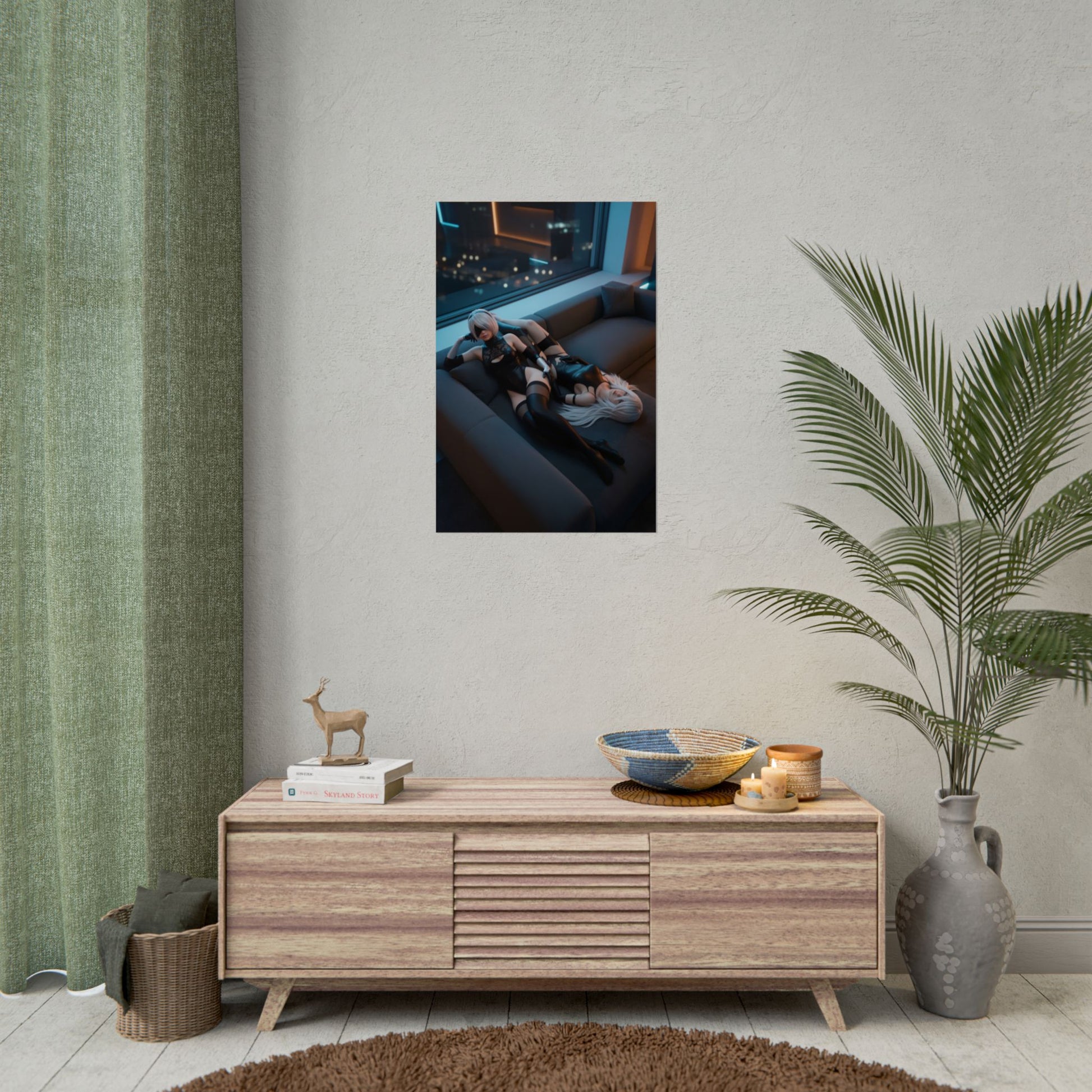 2B and A2 Poster, NieR Automata Art Print – Iconic Android Duo Wall Art showing duo on couch in modern gaming room