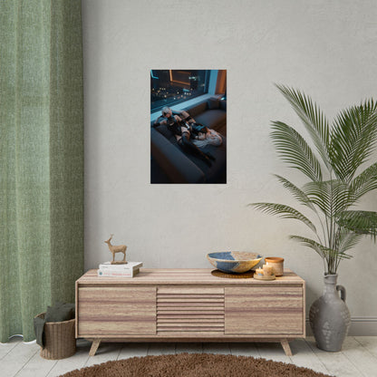 2B and A2 Poster, NieR Automata Art Print – Iconic Android Duo Wall Art showing duo on couch in modern gaming room