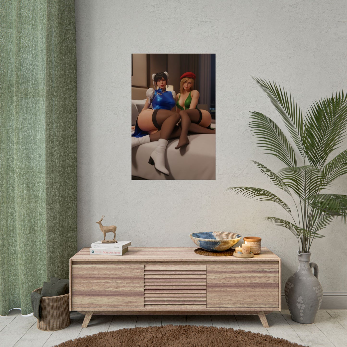 Chun-Li and Cammy White Poster, Street Fighter Art Print – Fighter Duo Gift displayed as framed gamer room wall art