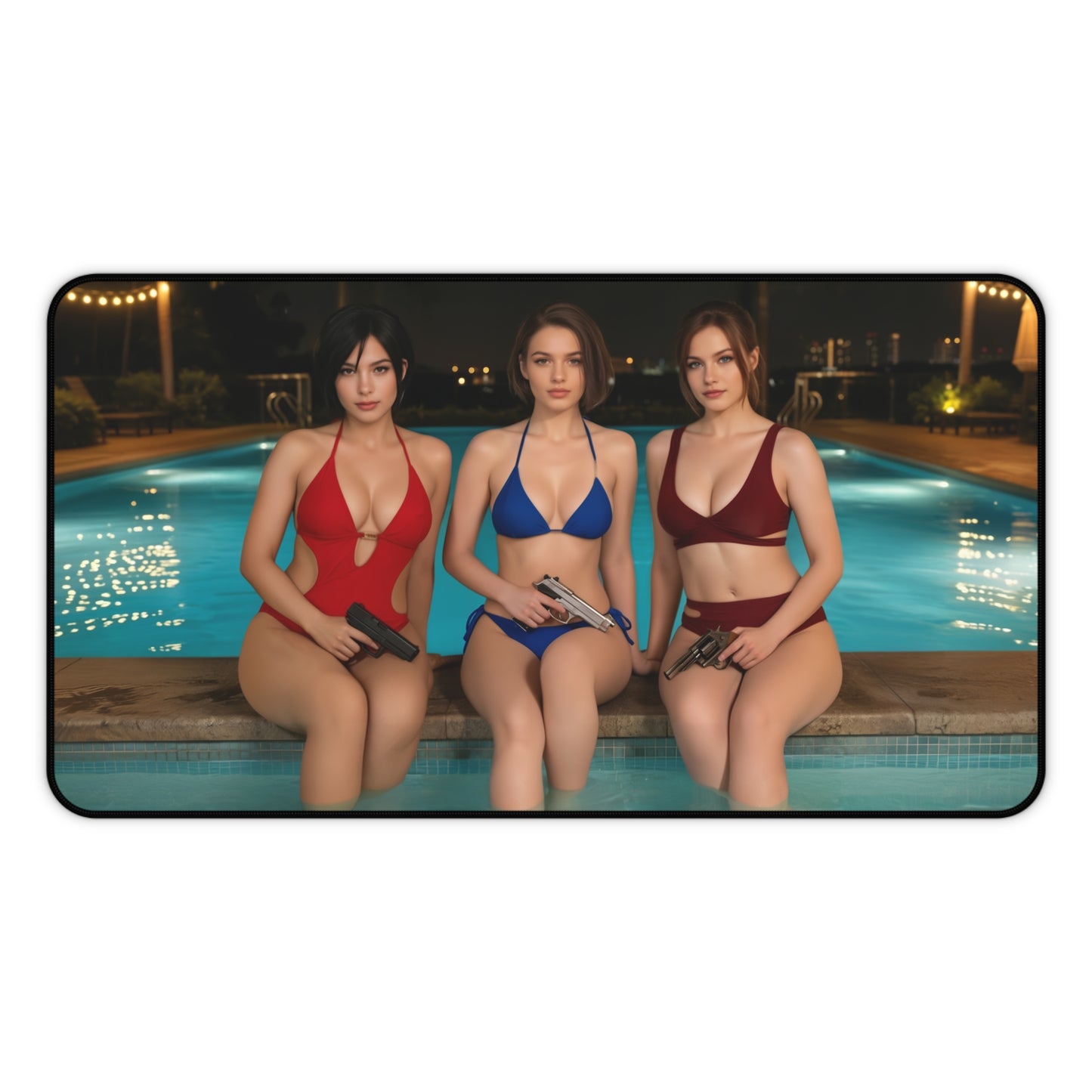 Ada Wong Claire Redfield Jill Valentine Gaming Mouse Pad, Survival Horror Desk Mat featuring three heroines in swimsuits holding pistols by a pool