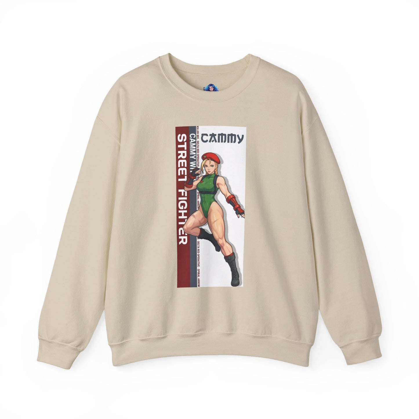 Cammy Sweatshirt, Street Fighter Crewneck, Classic Fighting Game Apparel for Fans — beige crewneck with bold Cammy artwork and green color accents