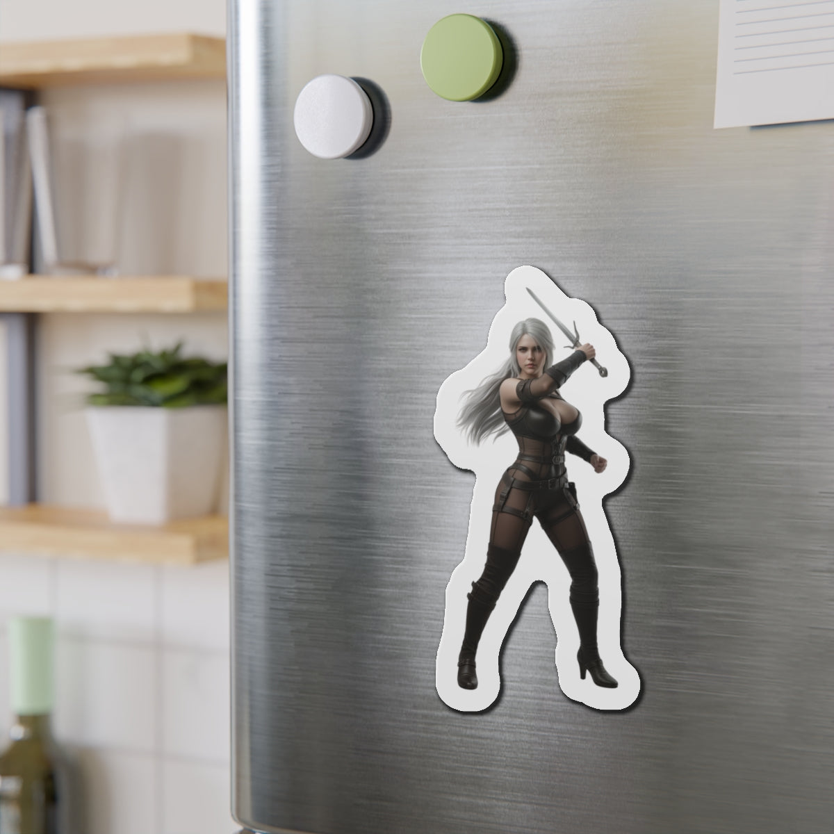 Ciri Magnet – The Witcher Game Heroine Fridge Magnet, Anime Style Decor on stainless steel fridge showing die-cut vinyl character magnet