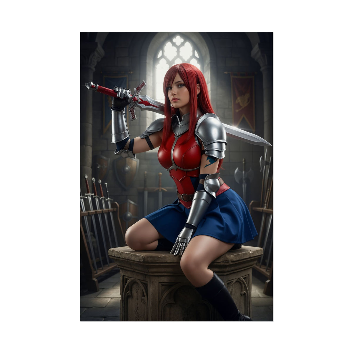 Erza Scarlet Poster, Fairy Tail Art Print, Iconic Armor Warrior Wall Decor featuring armored Erza Scarlet posing with sword in a gothic hall