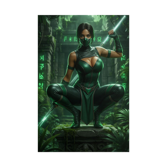 Jade Mortal Kombat Poster – Iconic Ninja Heroine Wall Art for Gamer Decor: fierce ninja heroine in green suit with glowing staff, high-resolution gamer wall art