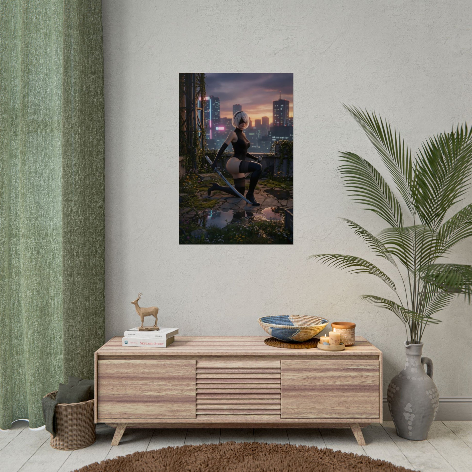 2B Poster, NieR Automata Art Print – Sci-Fi Android Wall Art for Gamers hanging in minimalist gamer room with cityscape background