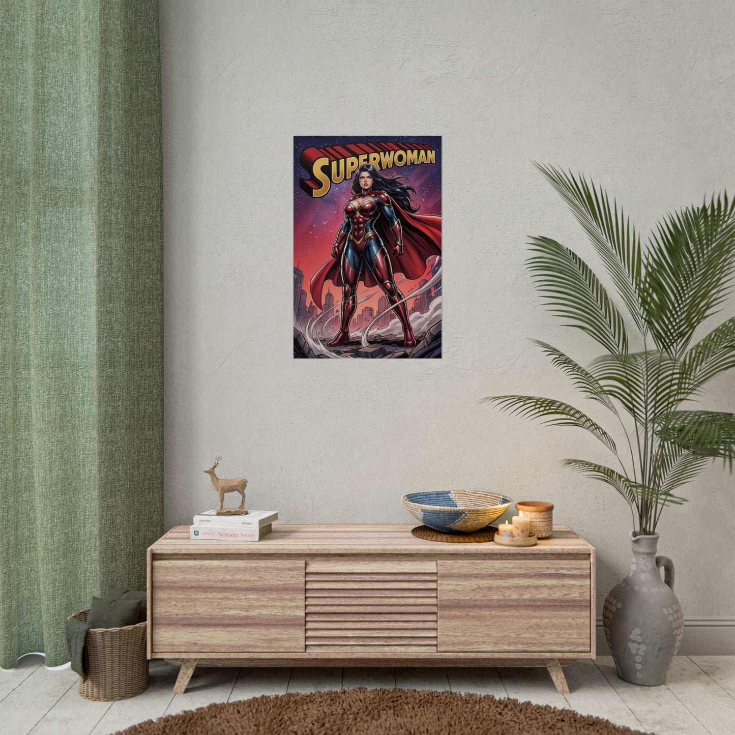 Superwoman Poster / Superwoman Wall Art / Superwoman Art Print / DC Comics Poster showing powerful heroine standing over city skyline in dramatic lighting
