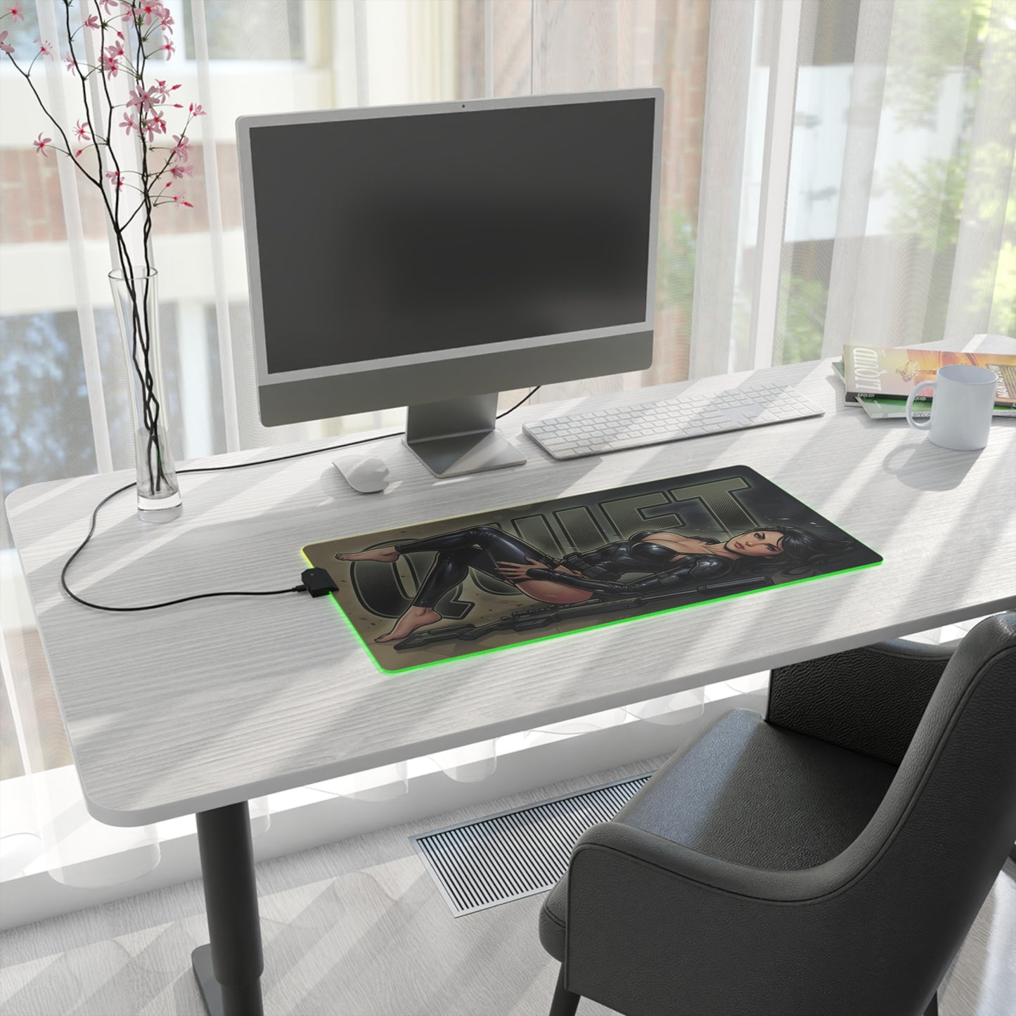 Quiet RGB Desk Mat, Metal Gear Solid V Gaming Mouse Pad, LED Desk Mat on modern white desk with green RGB glow and stealth sniper artwork