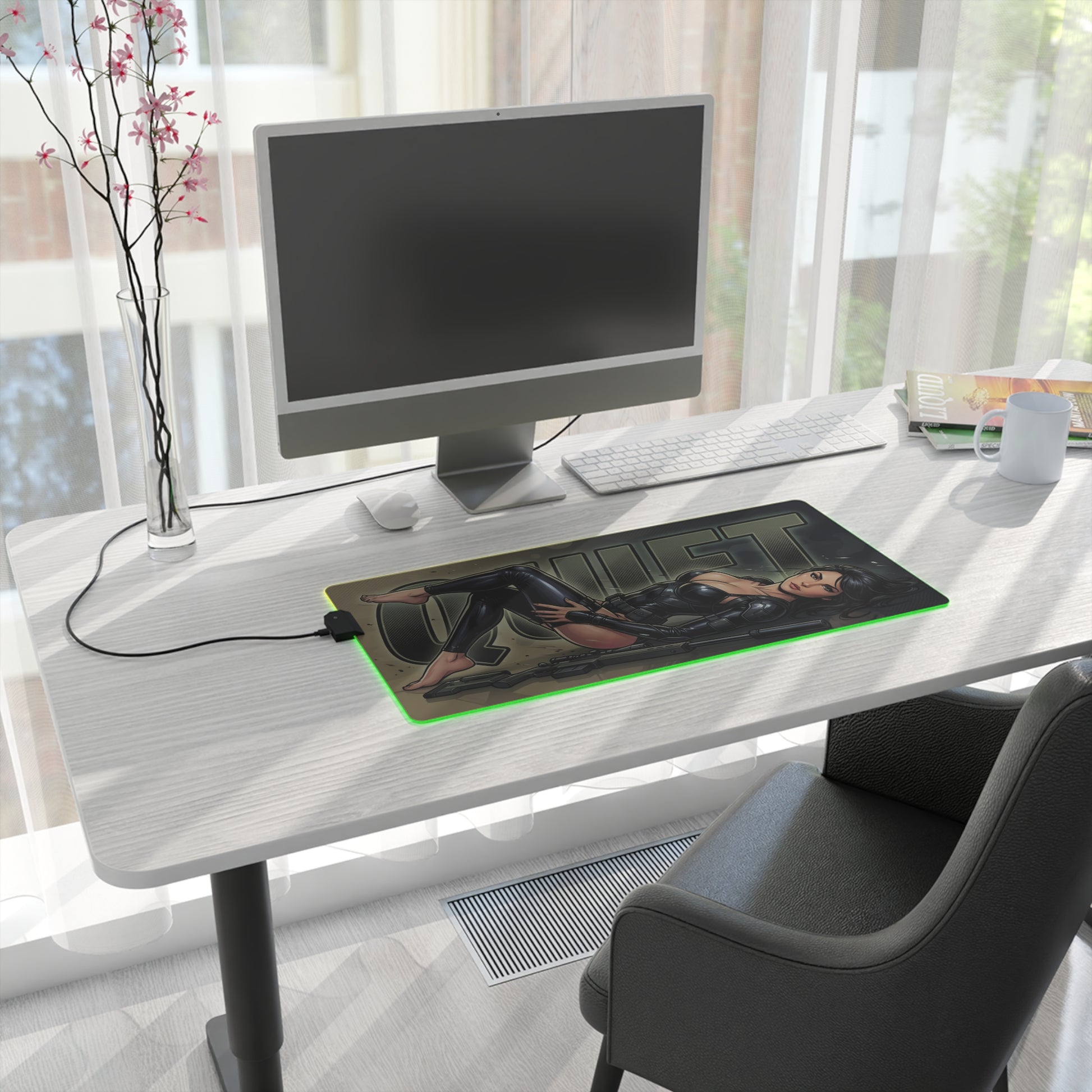 Quiet RGB Desk Mat, Metal Gear Solid V Gaming Mouse Pad, LED Desk Mat on modern white desk with green RGB glow and stealth sniper artwork