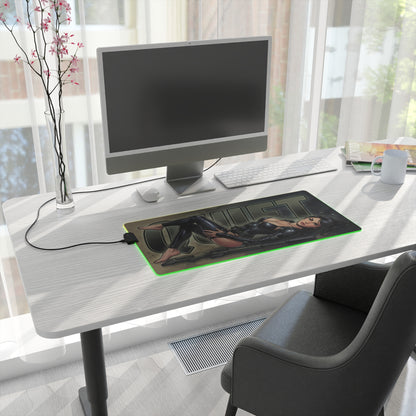 Quiet RGB Desk Mat, Metal Gear Solid V Gaming Mouse Pad, LED Desk Mat on modern white desk with green RGB glow and stealth sniper artwork