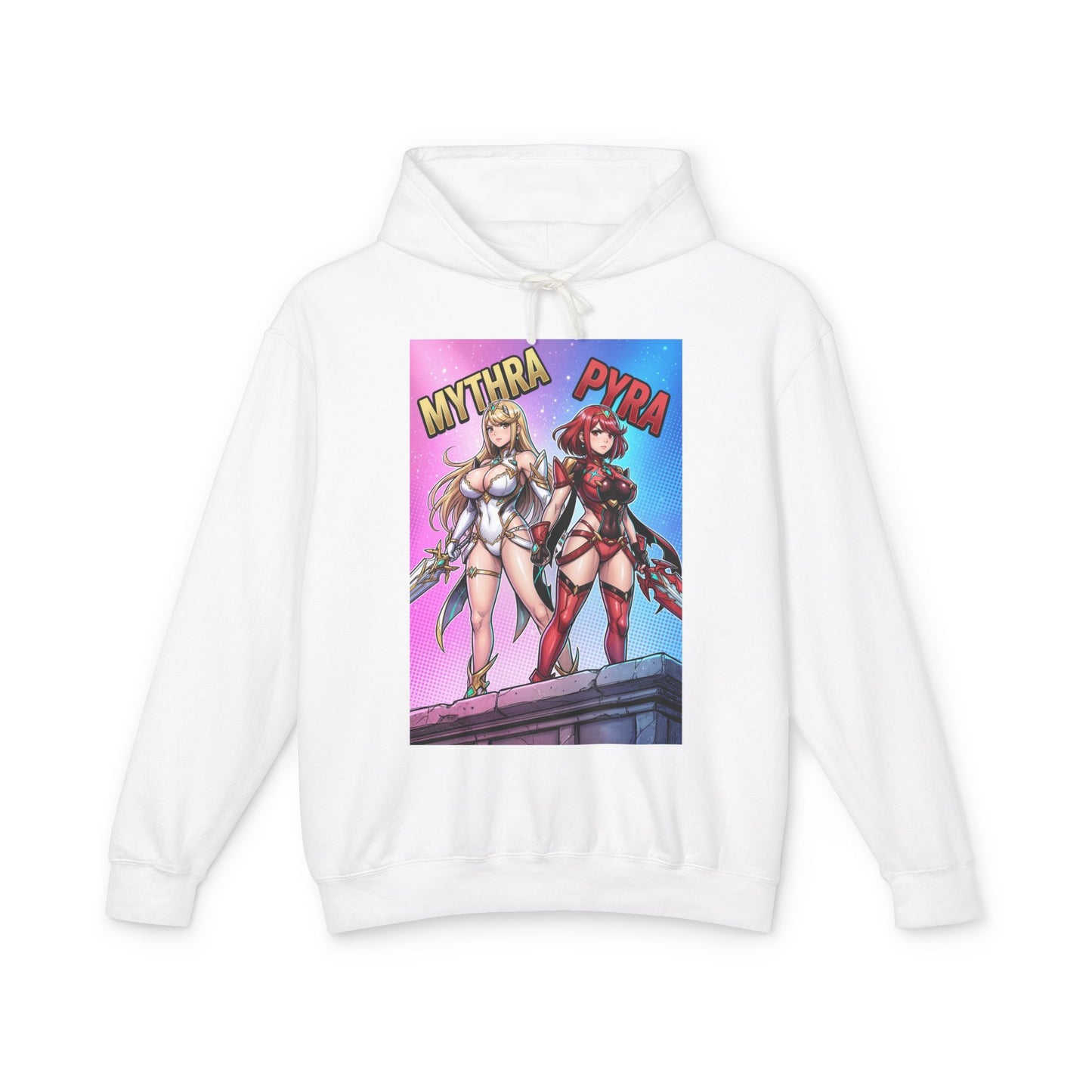 Mythra & Pyra Hoodie | JRPG Fantasy Hoodie | Anime Warrior Pullover white hoodie with vibrant Mythra and Pyra anime warrior print, soft cotton