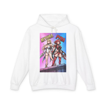 Mythra & Pyra Hoodie | JRPG Fantasy Hoodie | Anime Warrior Pullover white hoodie with vibrant Mythra and Pyra anime warrior print, soft cotton