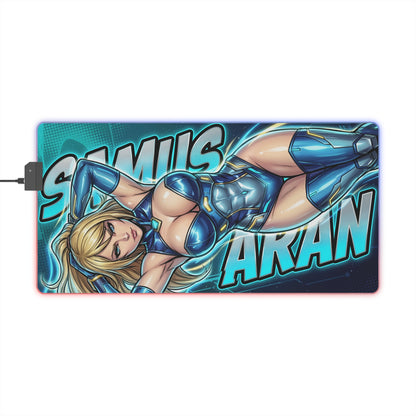 Samus Aran RGB Desk Mat, Sci-Fi Action Gaming Mouse Pad, LED Desk Mat for Gamer Setup featuring reclining armored heroine artwork and RGB edge lighting