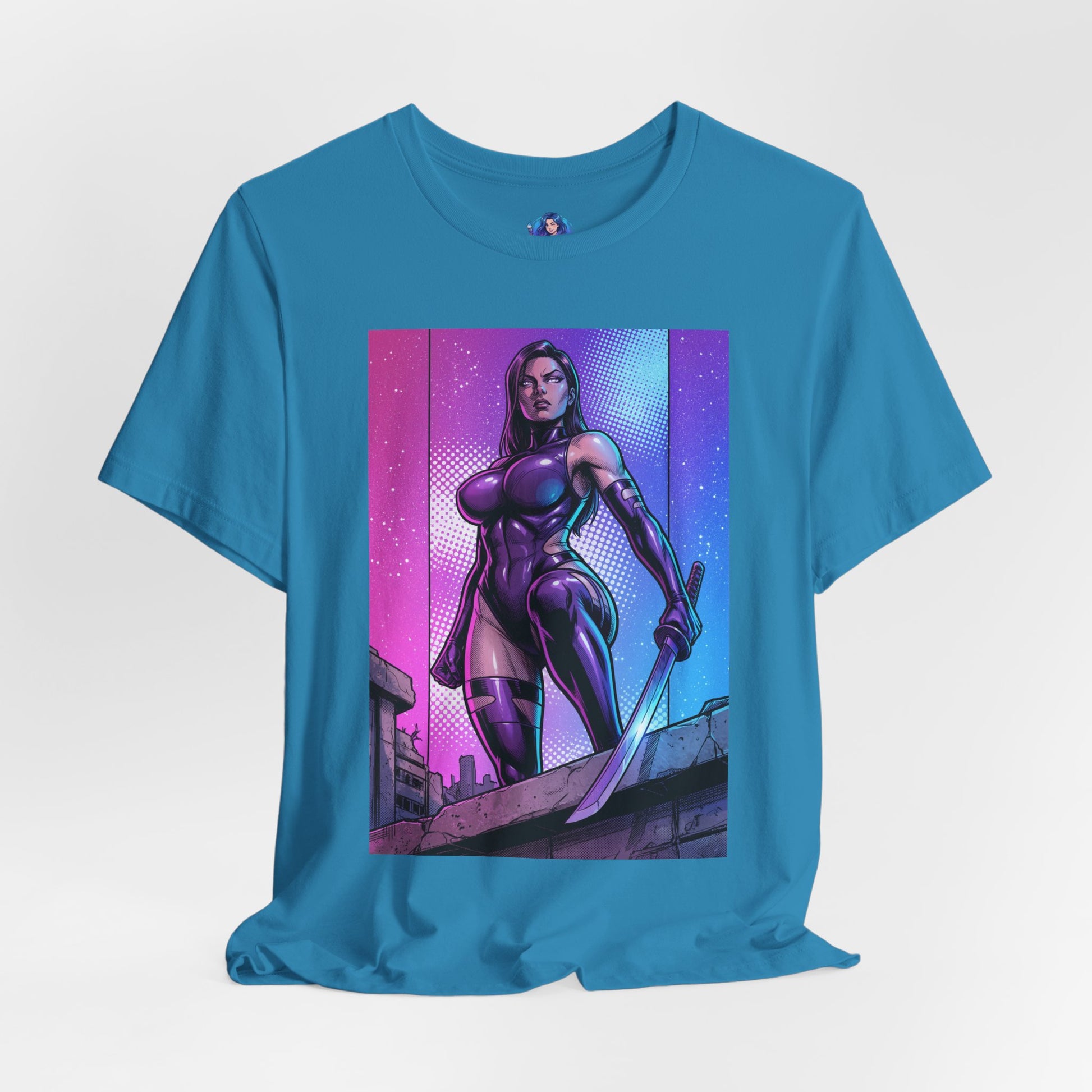 Psylocke T-Shirt | X-Men Anime Style Comic Tee - bold comic illustration of Psylocke in bodysuit with blade on blue Bella Canvas tee