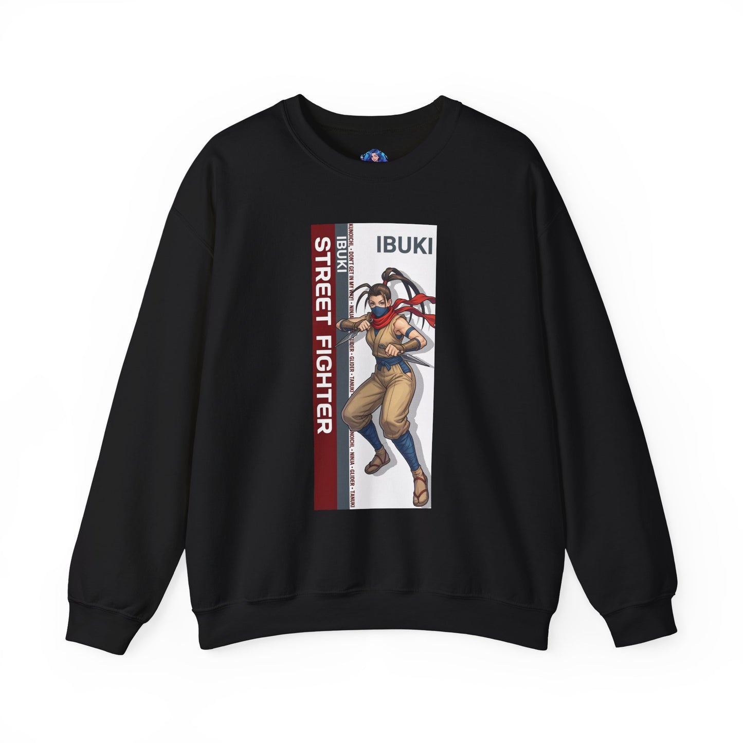 Ibuki Sweatshirt, Street Fighter Crewneck, Agile Ninja Gaming Apparel for Fans - black crewneck with dynamic Ibuki ninja artwork and bold vertical logo