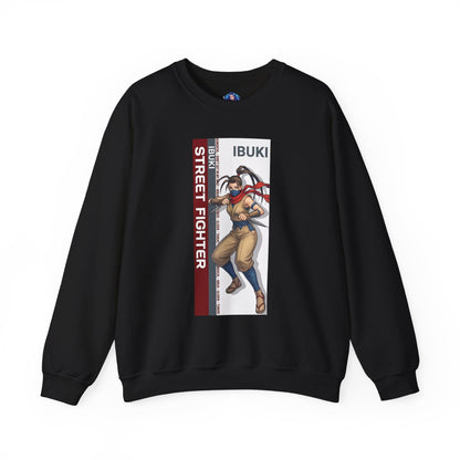 Ibuki Sweatshirt, Street Fighter Crewneck, Agile Ninja Gaming Apparel for Fans - black crewneck with dynamic Ibuki ninja artwork and bold vertical logo