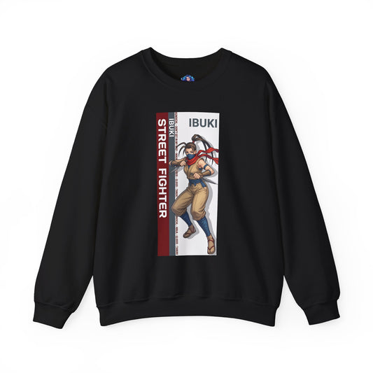 Ibuki Sweatshirt, Street Fighter Crewneck, Agile Ninja Gaming Apparel for Fans - black crewneck with dynamic Ibuki ninja artwork and bold vertical logo