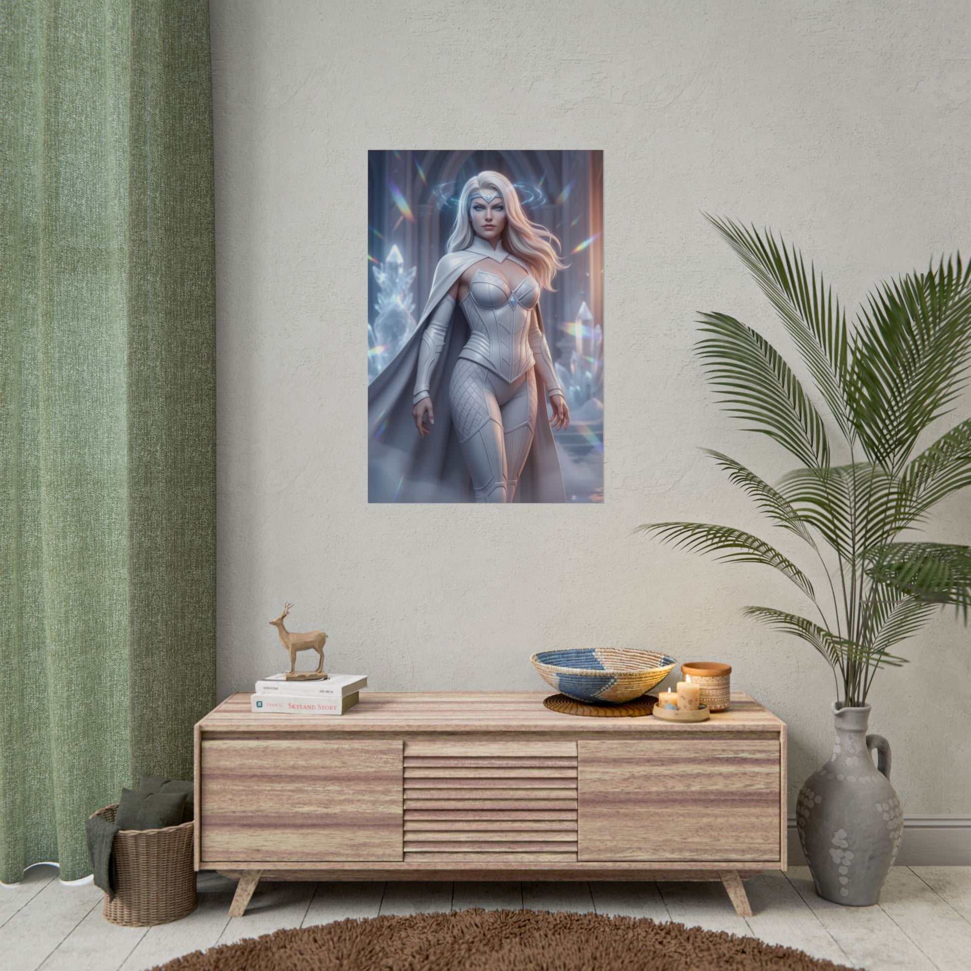 Emma Frost Poster, Marvel Art Print – Superhero Wall Art hanging above modern console in gamer room decor
