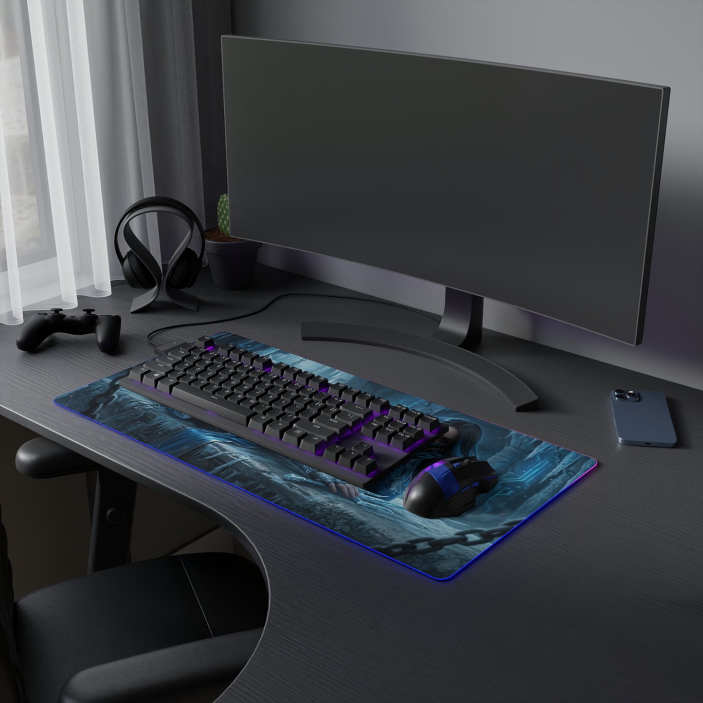 Frost Desk Mat – LED RGB Pad, Waifu Fighter Anime Girl Setup on gaming desk with keyboard mouse and ambient LED lighting