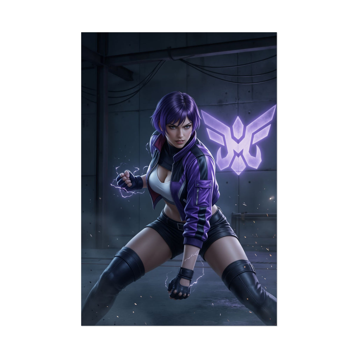 Reina Poster, Tekken Art Print  Iconic Fighting Game Heroine Wall Art, purple-haired fighter in dynamic pose on semi-glossy high-res print