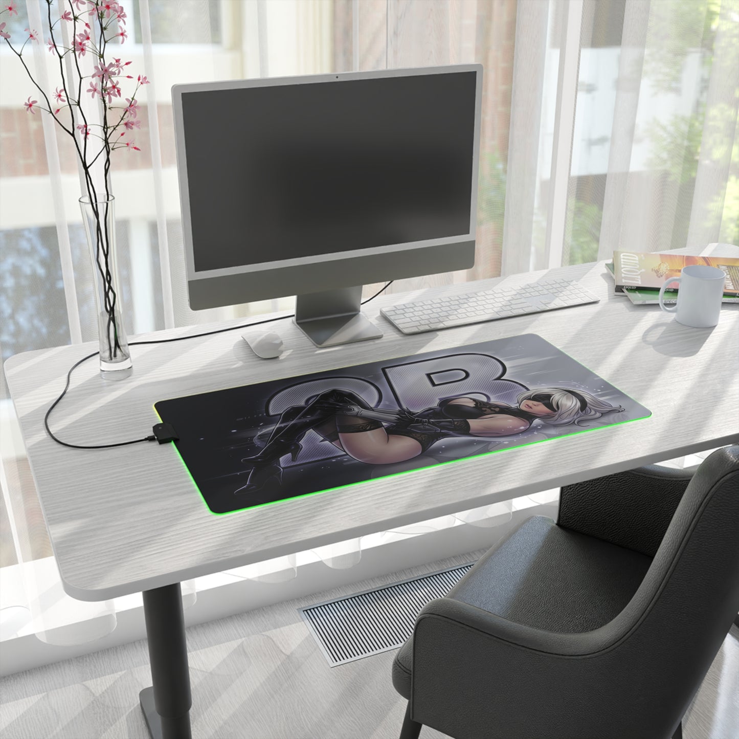 2B RGB Desk Mat, NieR Automata Gaming Mouse Pad, LED Desk Mat on modern white desk with large monitor, RGB edge glow and sci‑fi 2B artwork