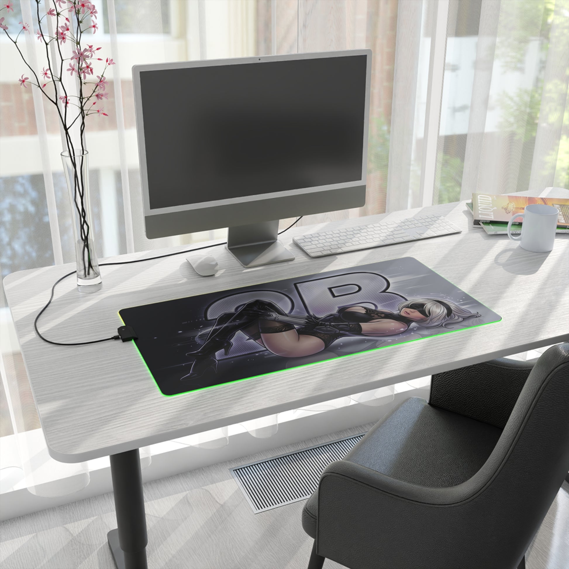 2B RGB Desk Mat, NieR Automata Gaming Mouse Pad, LED Desk Mat on modern white desk with large monitor, RGB edge glow and sci‑fi 2B artwork