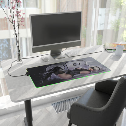 2B RGB Desk Mat, NieR Automata Gaming Mouse Pad, LED Desk Mat on modern white desk with large monitor, RGB edge glow and sci‑fi 2B artwork