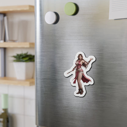 Aerith Magnet – Final Fantasy VII Fridge Magnet, Anime Heroine Decor on stainless fridge showing die-cut vinyl anime heroine magnet