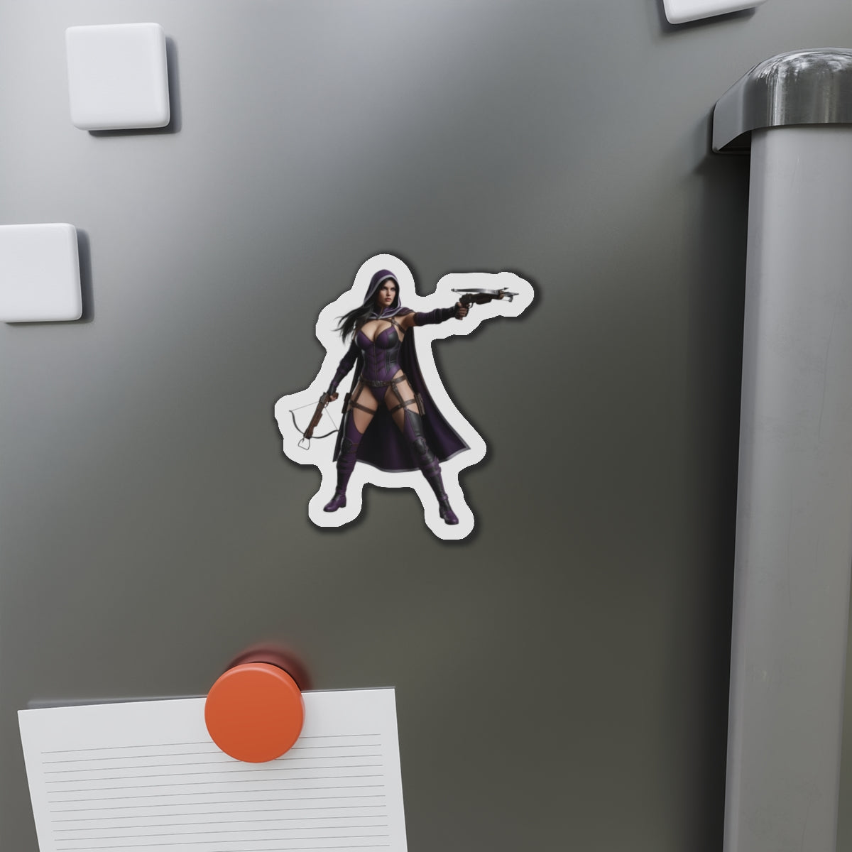 Huntress Magnet – DC Comic Heroine Fridge Magnet, Anime Style Decor die-cut vinyl fridge magnet showing Huntress in anime-style tactical outfit