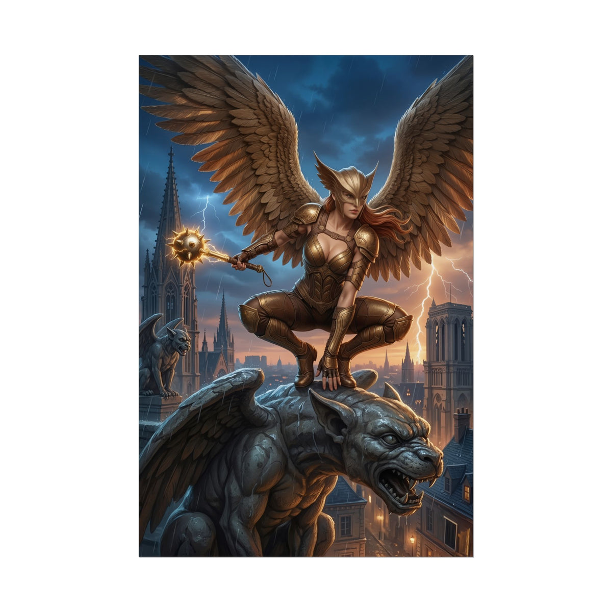 Hawkgirl Poster, DC Comics Art Print  Superhero Wall Art showcasing armored Hawkgirl perched on gargoyle over city at stormy dusk